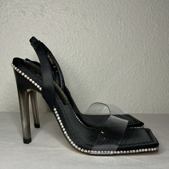 NIB Good American Shoes Womens Size 4 Black Sling back Heel Crystal Crush square - Picture 2 of 10